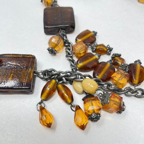 Murano Glass Beaded Necklace Square Pendant Amber Brown Faceted - Picture 10 of 16